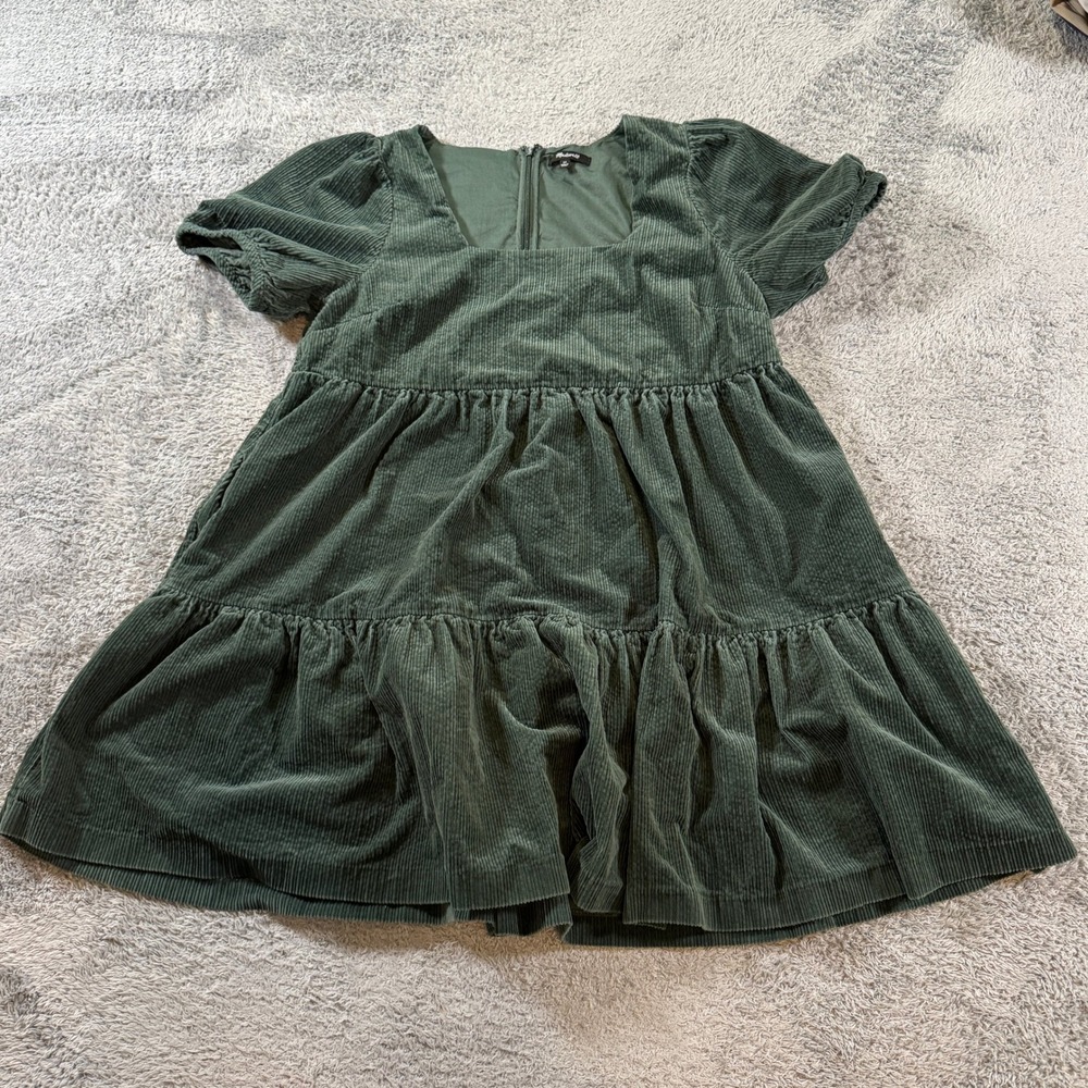 Madewell Womens Tiered Corduroy Mini Dress Size 12 Green Square Neck Puff Sleeve